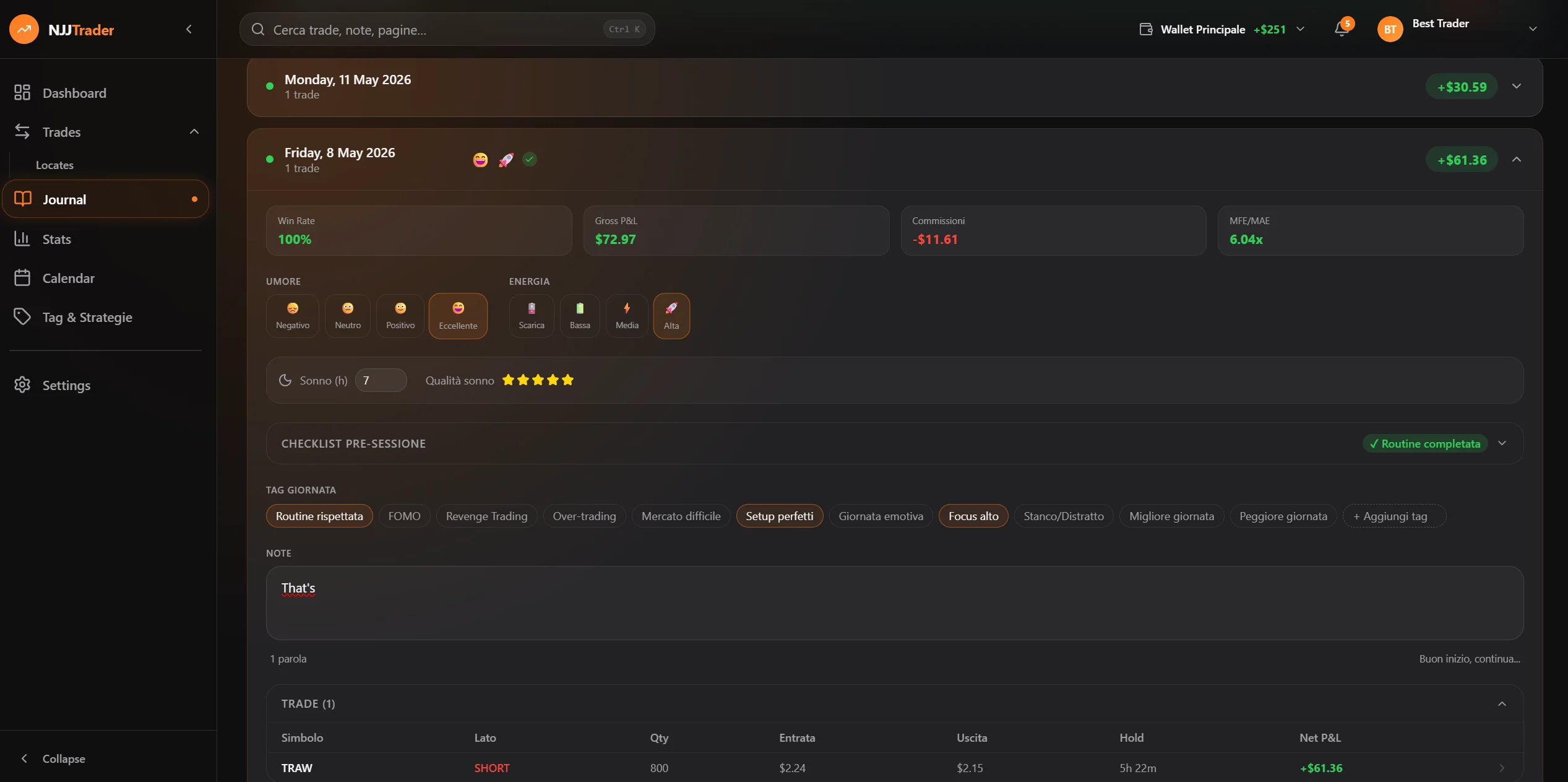 NJJTrader daily journal with tags and emoji